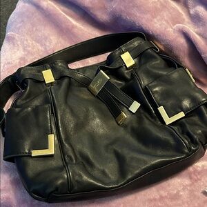 Michael Kors Black Leather Beverly Shoulder Bag with Gold Accents